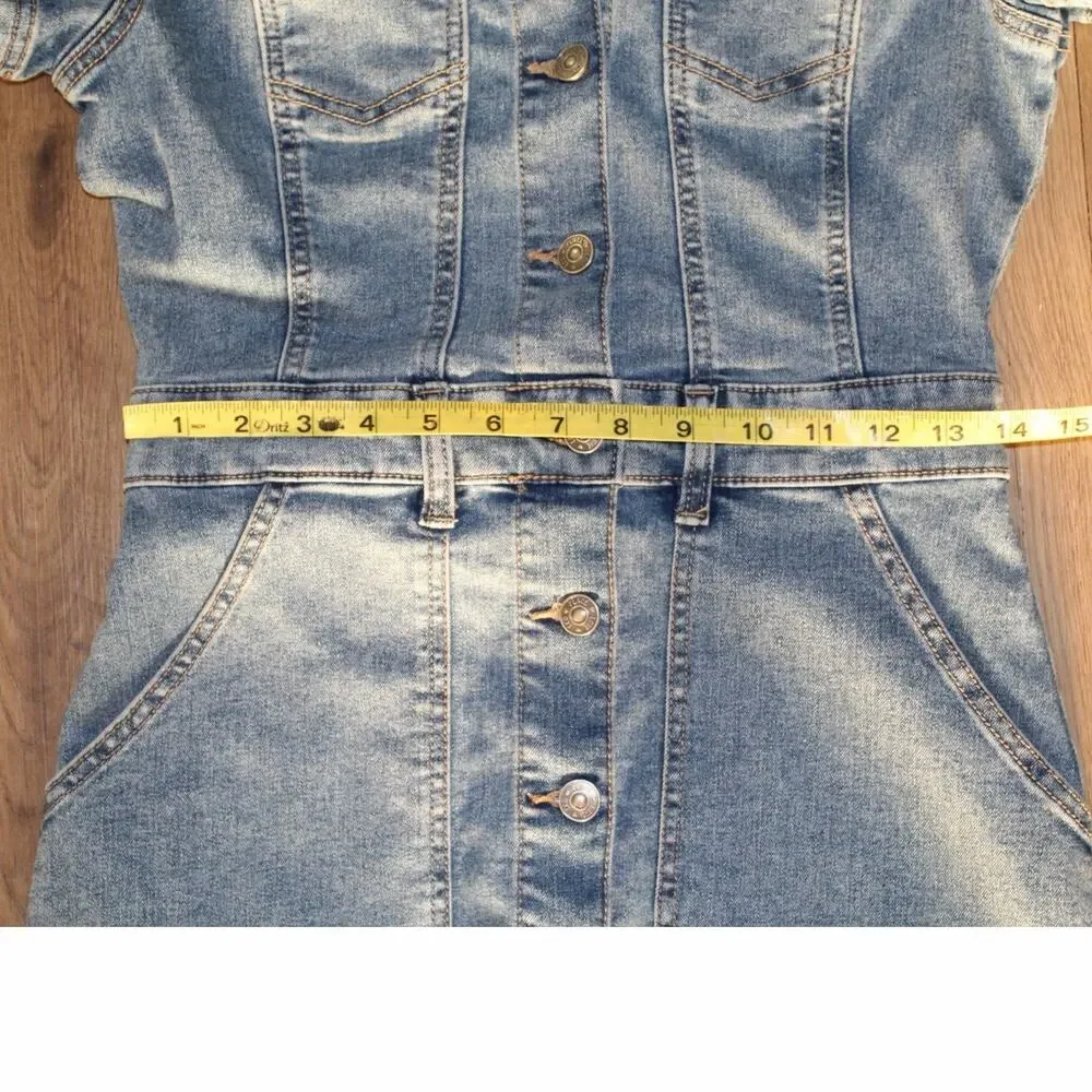 Peace Love Eco by Rewash Denim Mini Dress | Button Front | Short Sleeve | Size S - Picture 7 of 8